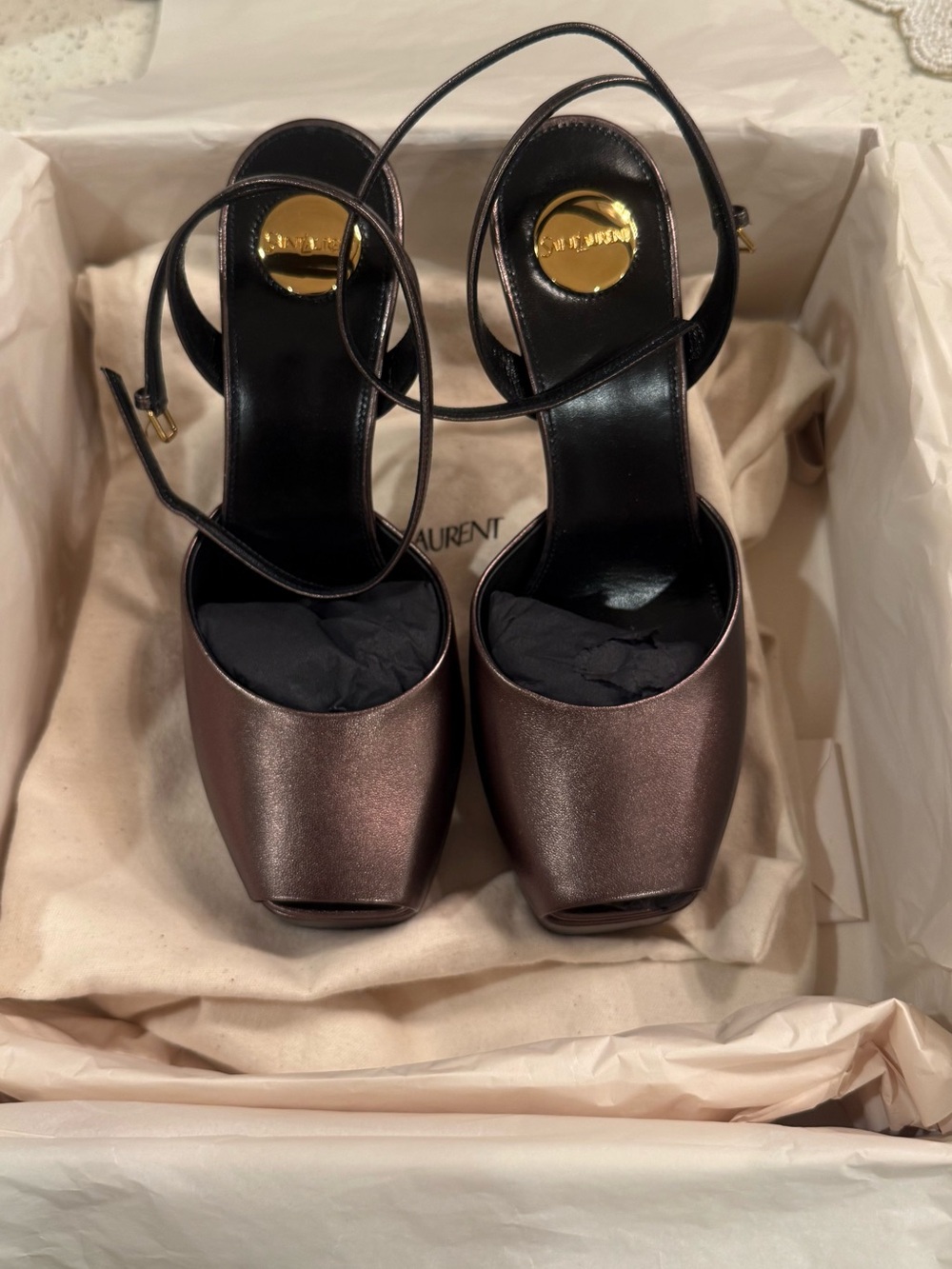 Saint Laurent Bronze Metallic Peep-Toe Ankle-Strap Sandals Le Scandale - Picture 4 of 10